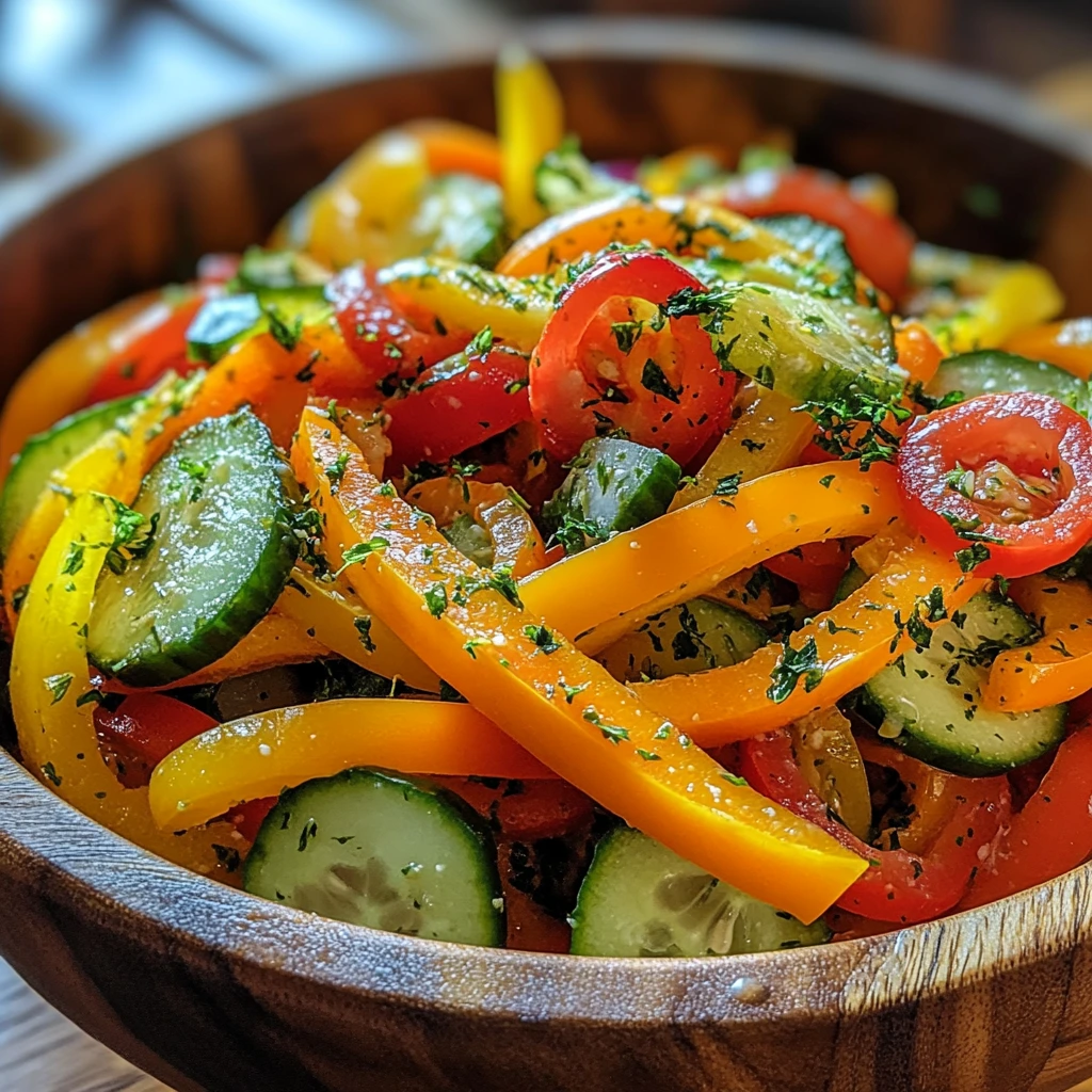 Raw vegetable salad with bell peppers, cucumbers, and tomatoes