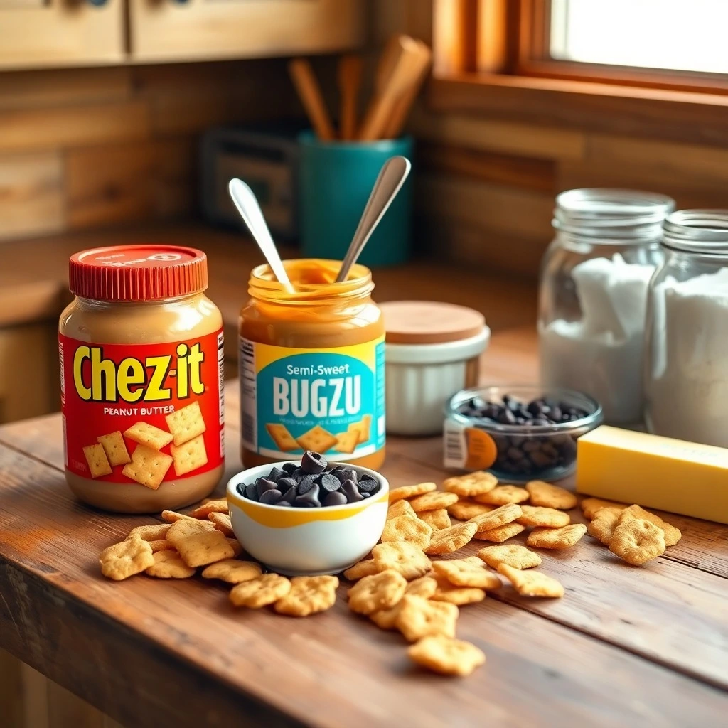 A rustic spread of Cheez-It crackers, peanut butter, chocolate chips, and other dessert ingredients on a wooden counter.