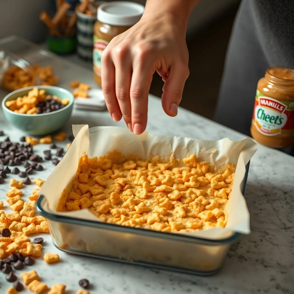 Hands pressing a Cheez-It and peanut butter mixture into a lined baking dish