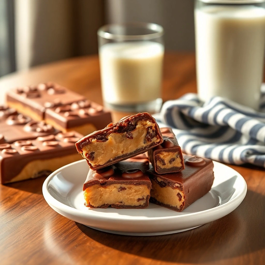 Cheez-It Peanut Butter and Chocolate bars served on a white plate with a glass of milk in the background