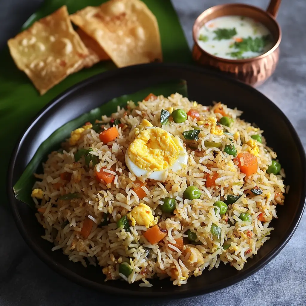 Anjappar egg fried rice served with papadum and coconut chutney on a banana leaf mat.