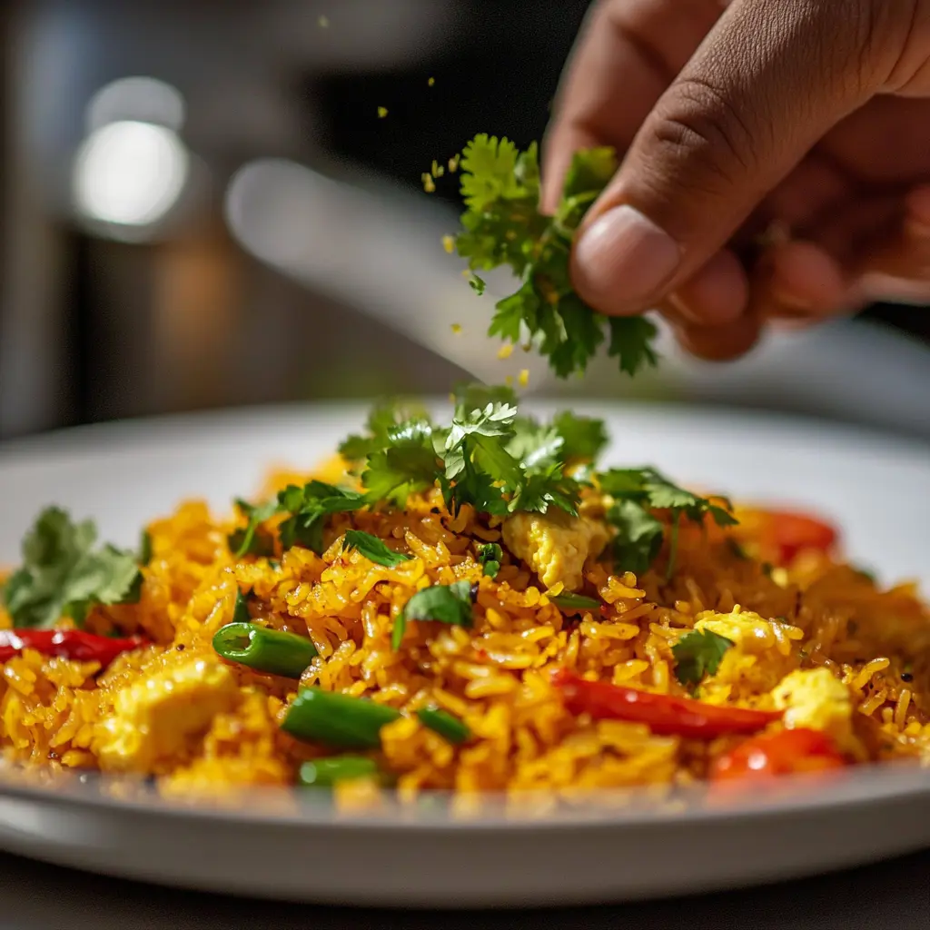 Close-up of a chef garnishing egg fried rice with fresh coriander leaves.