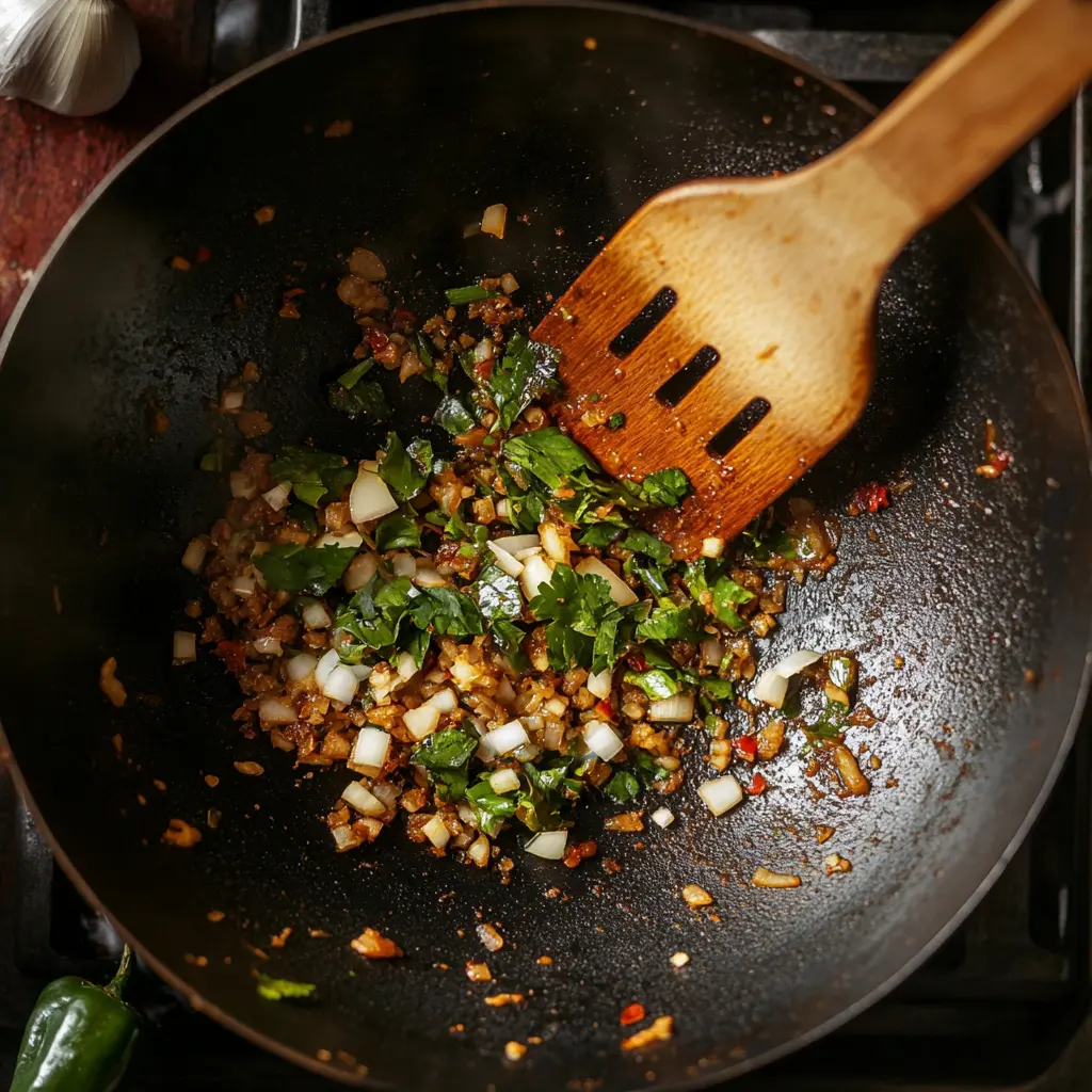 Sautéing curry leaves, onions, green chilies, and garlic in a wok with ghee.