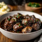 Slow-cooked beef tips with gravy served alongside creamy mashed potatoes and steamed vegetables on a rustic wooden table.