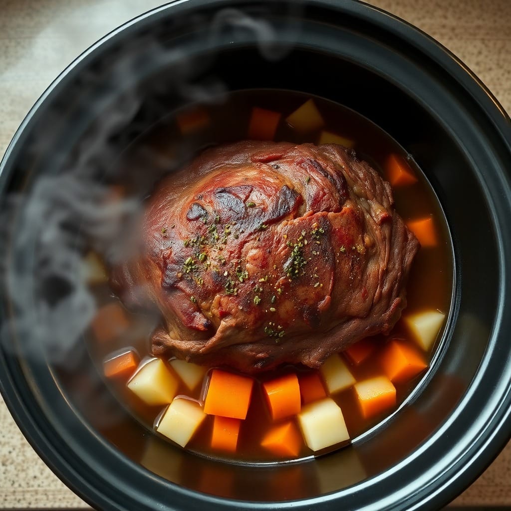 Beef eye roast and vegetables cooking in a slow cooker with steam rising, showcasing the slow-cooking process