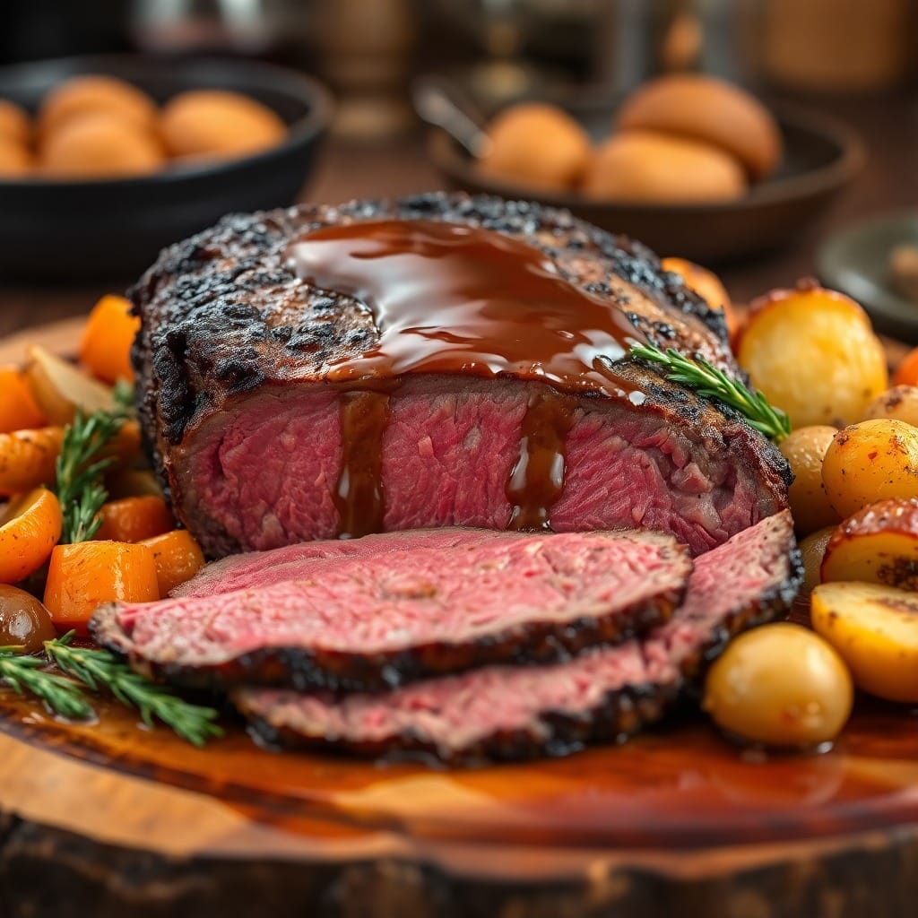 Rustic dining table set with sliced beef eye roast, roasted vegetables, candles, and a cozy ambiance.