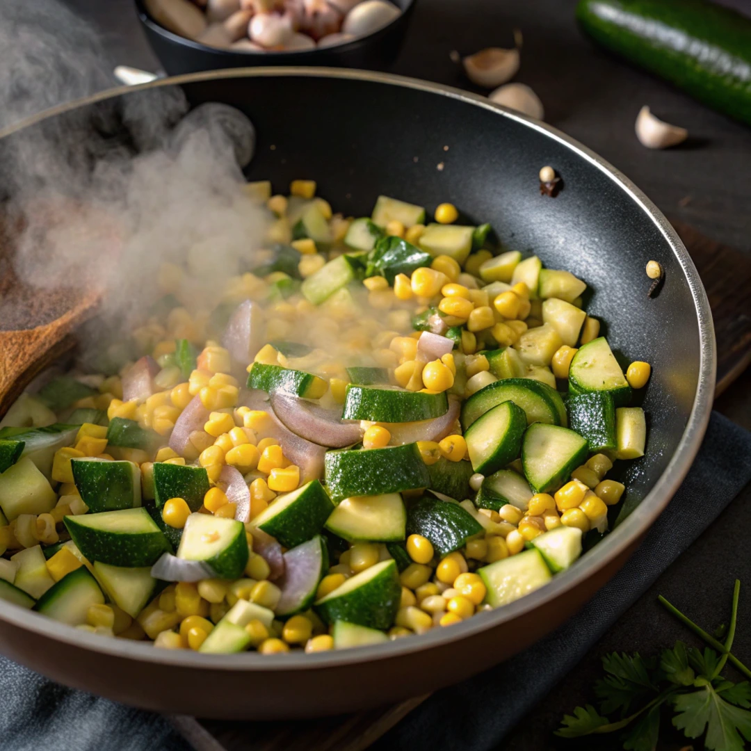 Sautéing zucchini and corn for a homemade calabacitas recipe