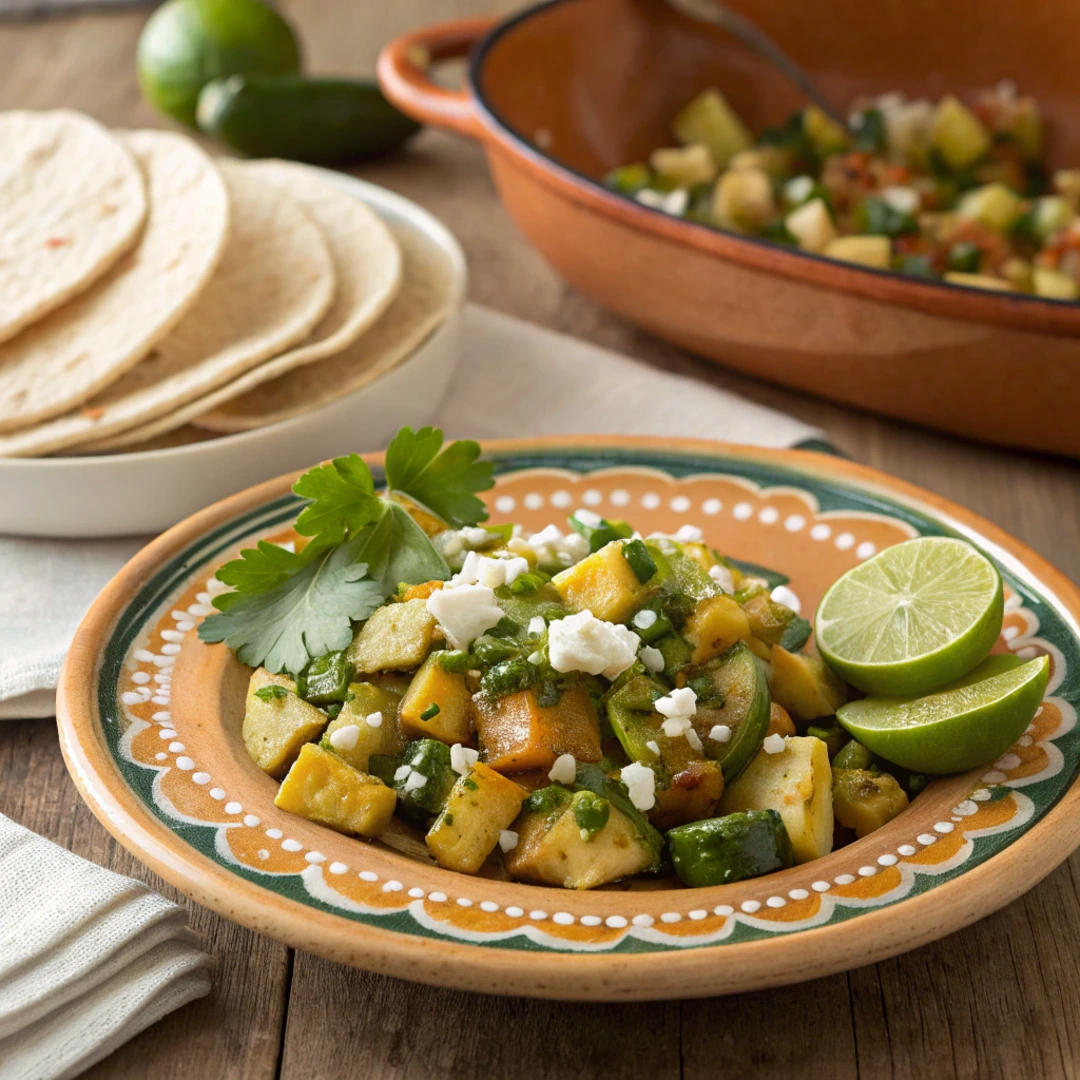 Served calabacitas recipe with tortillas and fresh garnish