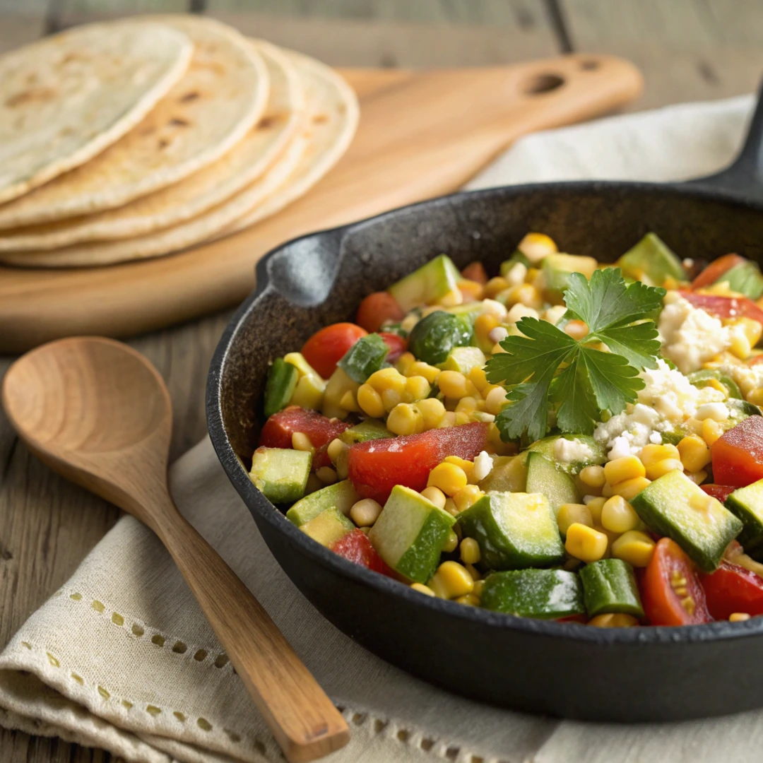 Freshly cooked calabacitas recipe with zucchini and corn