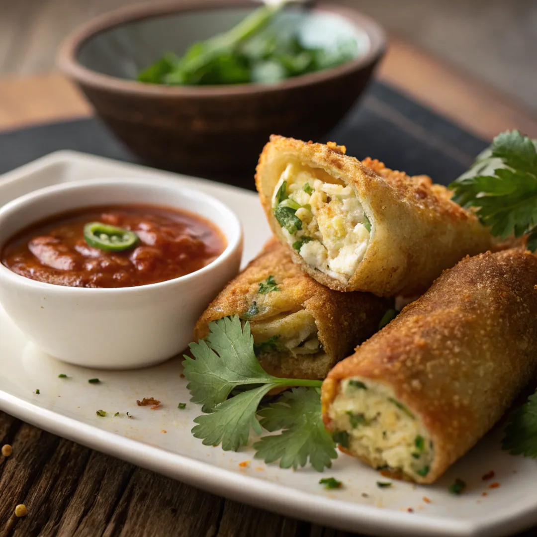 Crispy egg roll wrapper goat cheese jalapeno served with dipping sauce