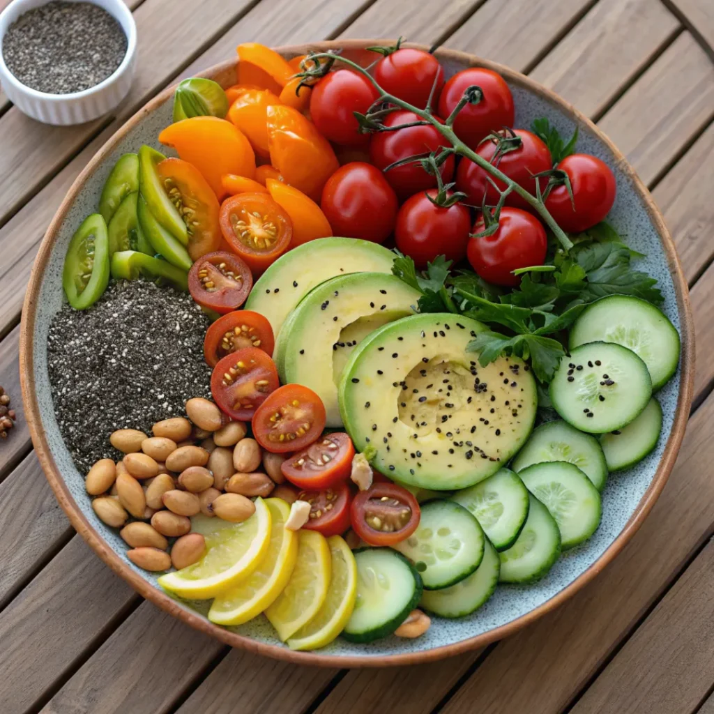 Fresh and colorful raw food platter with vegetables and nuts