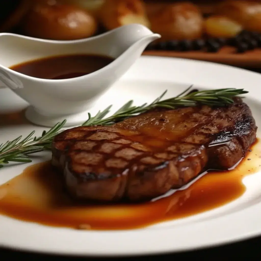 Golden demi-glace sauce reducing in a stainless-steel saucepan.