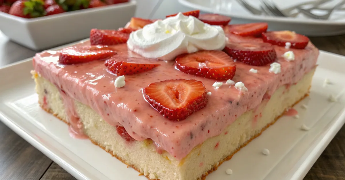 Moist strawberry tres leches cake with whipped cream and strawberries