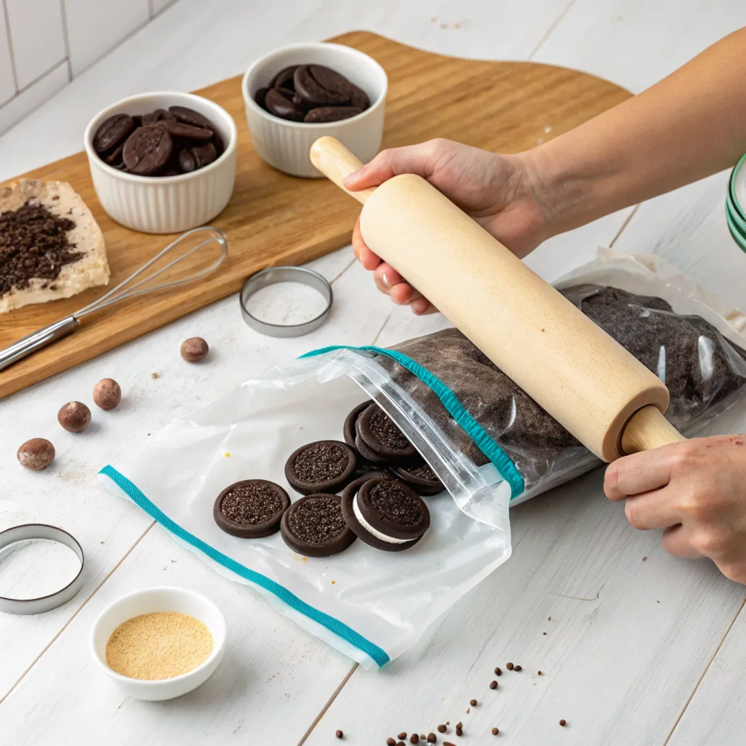 Crushed Oreo cookies for dirt cake base