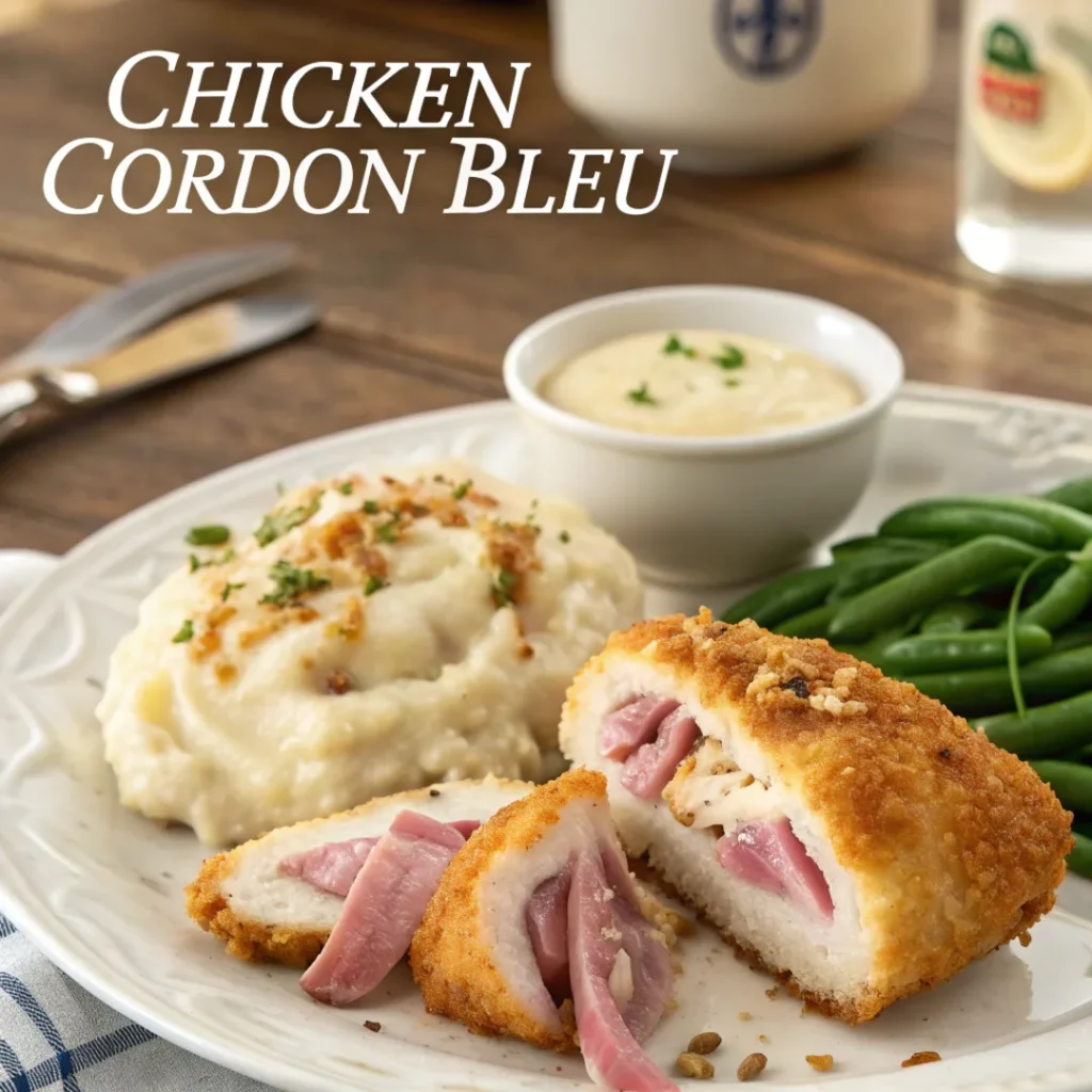 Chicken Cordon Bleu with mashed potatoes and green beans