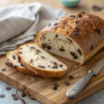 Freshly baked chocolate chip sourdough bread with crispy crust and soft crumb.