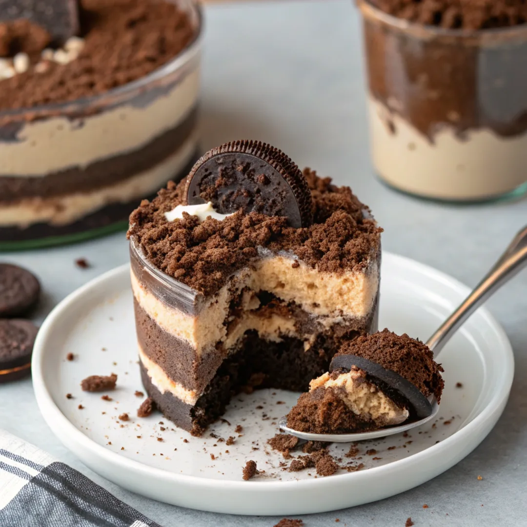 Close-up of dirt cake layers showing pudding and Oreo crumbs