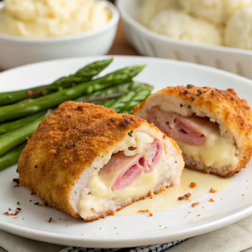 Crispy chicken cordon bleu frozen with melted cheese and ham