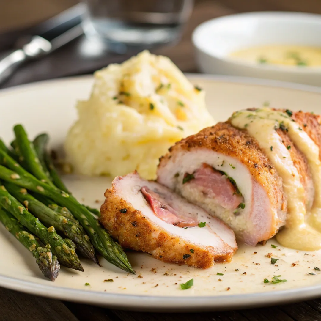 Chicken Cordon Bleu frozen served with mashed potatoes and Dijon sauce