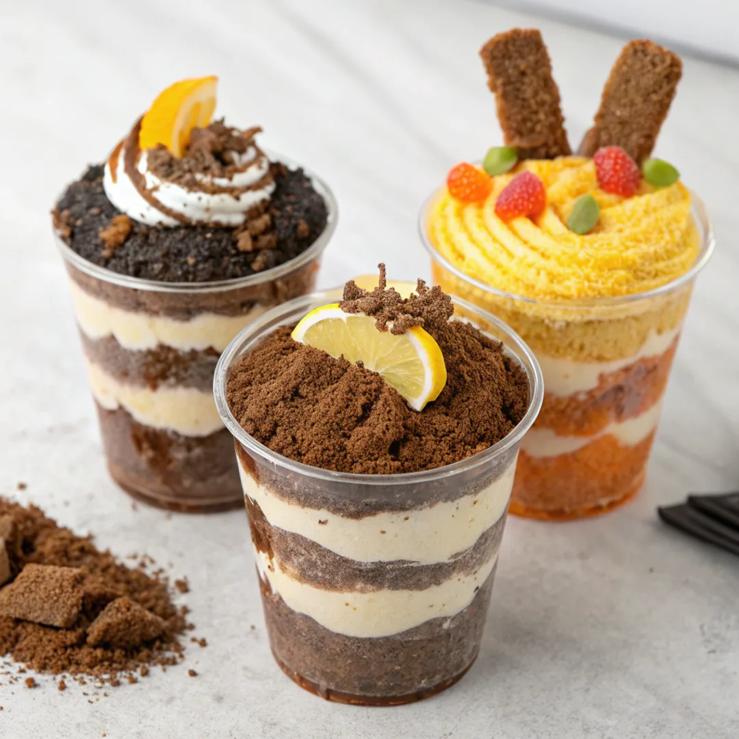 Different dirt cake variations including classic, lemon, and pumpkin spice