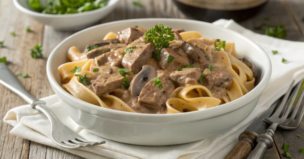 Healthy beef stroganoff with whole wheat noodles and fresh parsley in a white bowl.