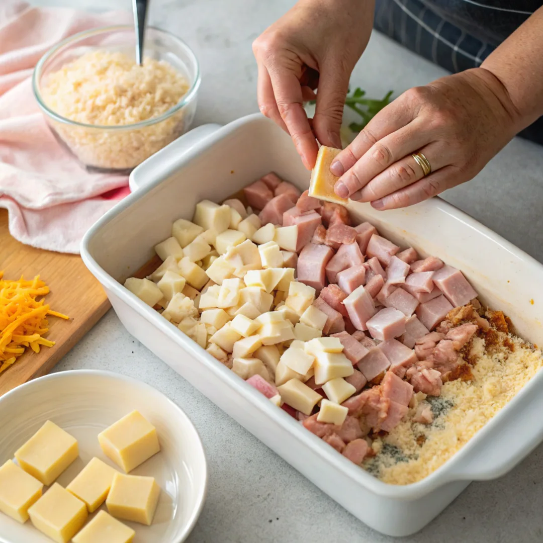 Layering chicken, ham, and Swiss cheese in a casserole dish.