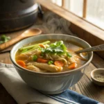 Chicken feet soup served in a deep ceramic bowl with fresh herbs