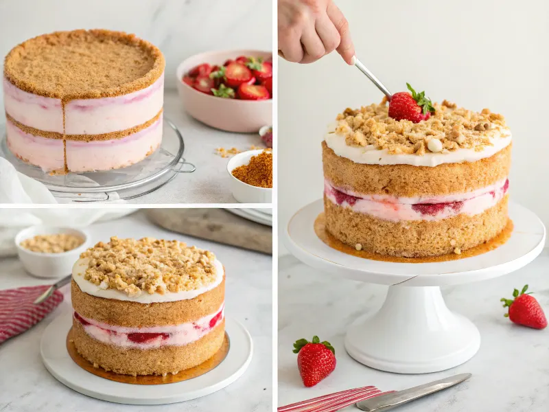 Assembling Strawberry Crunch Cake