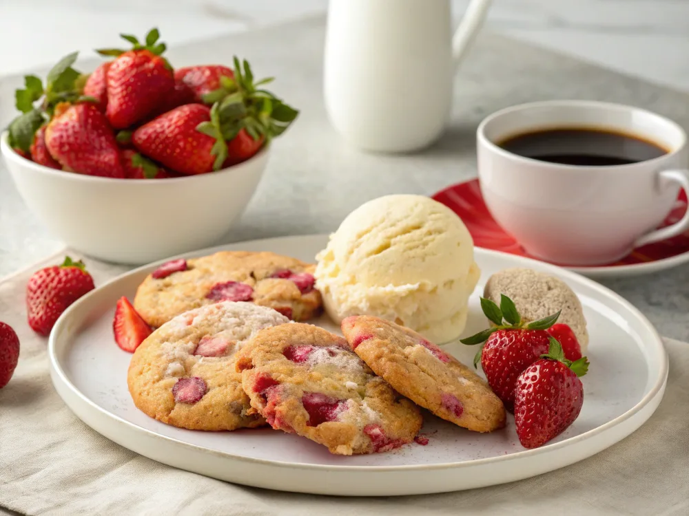 Strawberry cake mix cookies served with vanilla ice cream and coffee