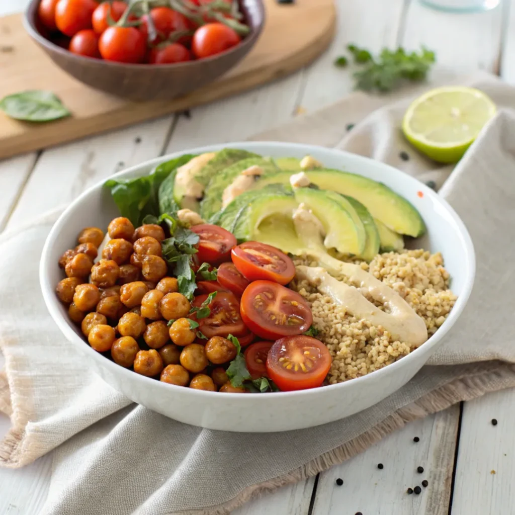 Vegan gluten-free Buddha bowl with quinoa, chickpeas, and avocado