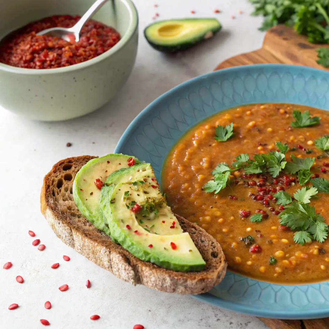 Vegan gluten-free lentil soup with avocado toast