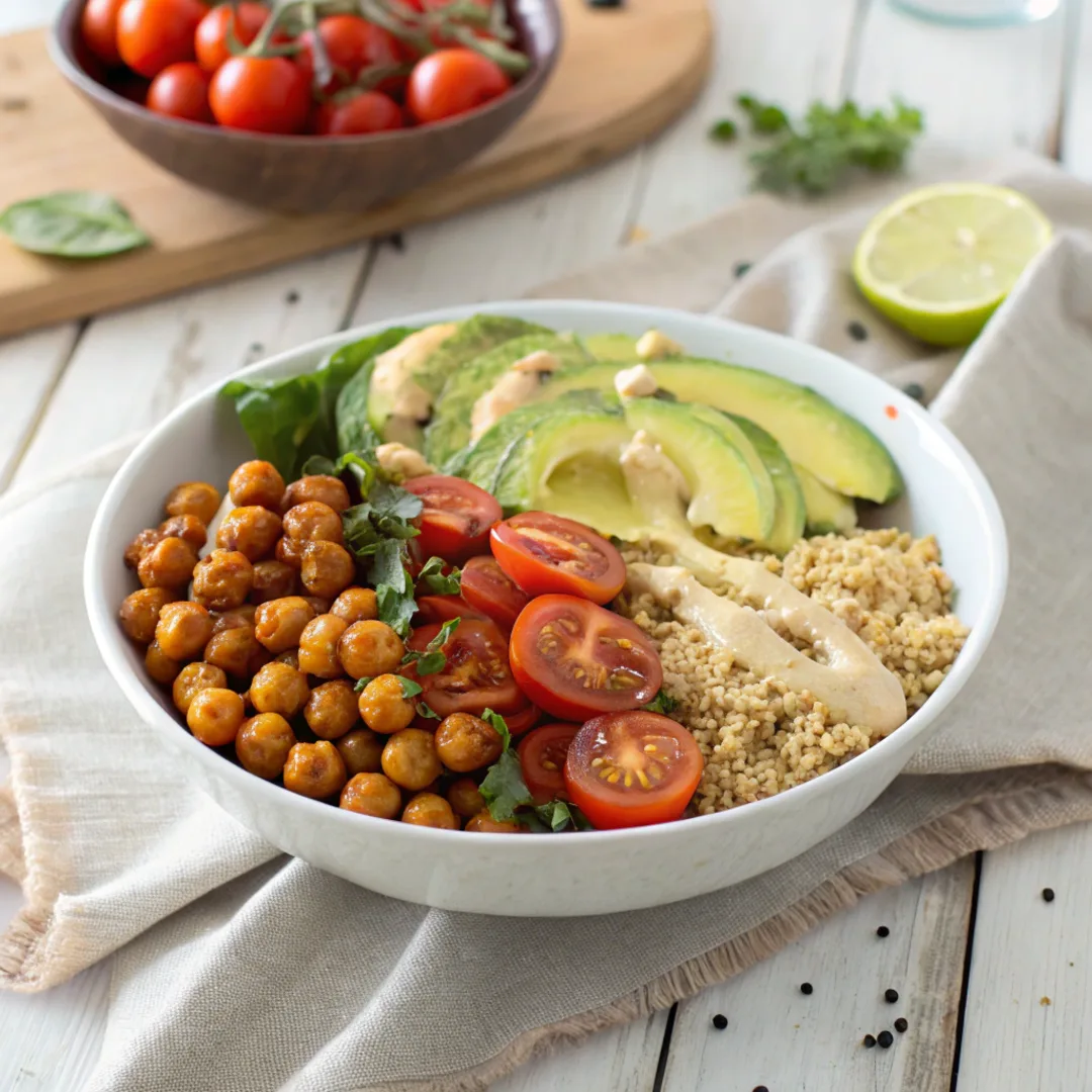 Vegan gluten-free Buddha bowl with quinoa, chickpeas, and avocado