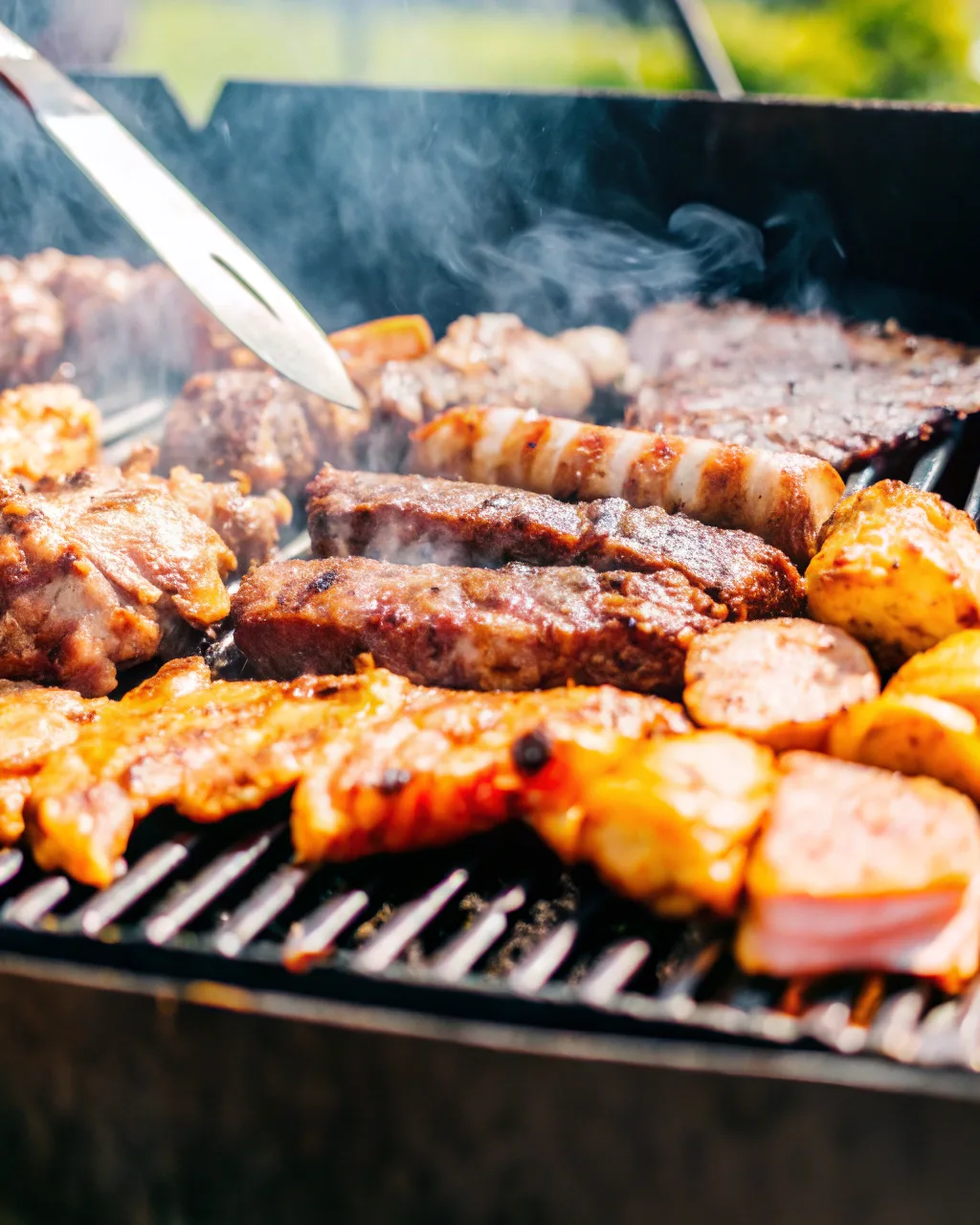 A person placing seasoned chicken wings on a pellet grill with smoke rising.