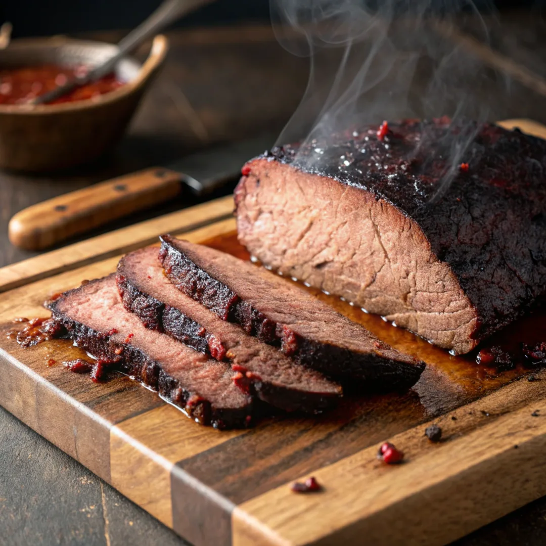 Smoked brisket sliced on a wooden board, cooked on a pellet grill.