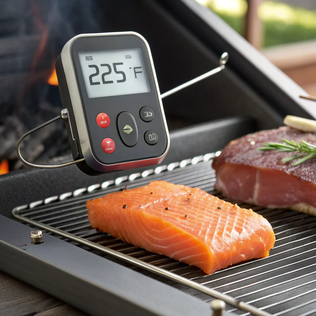 A digital thermometer displaying 225°F next to smoked salmon on a pellet grill.