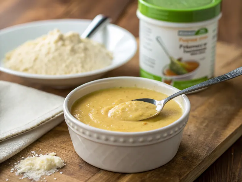 Stirring protein powder into a bowl of high-protein soup