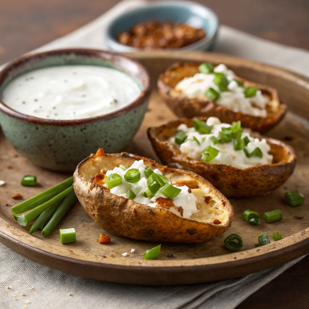 air fryer baked potato skins with cottage cheese and dip