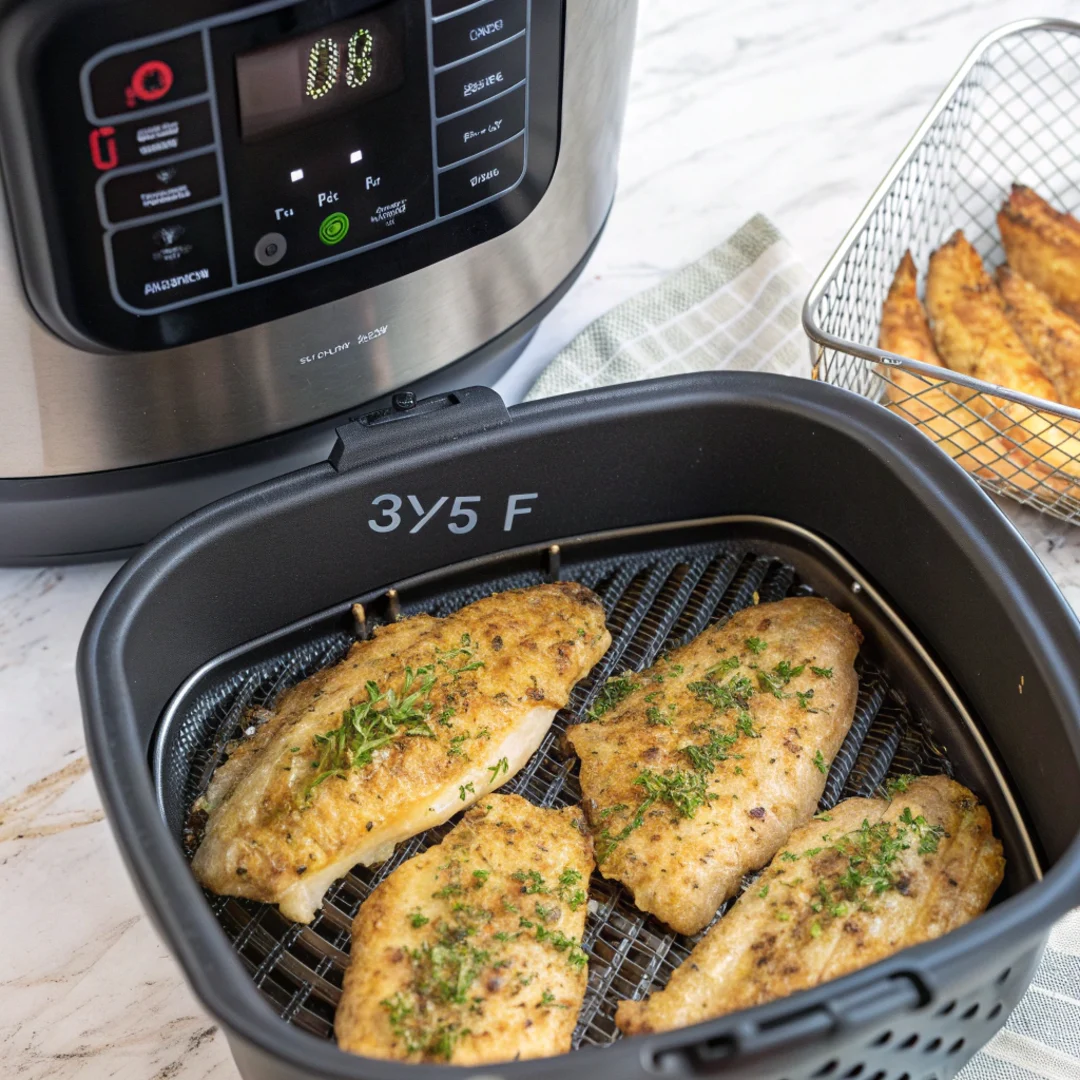 Step-by-step process of cooking tilapia in an air fryer at 375°F