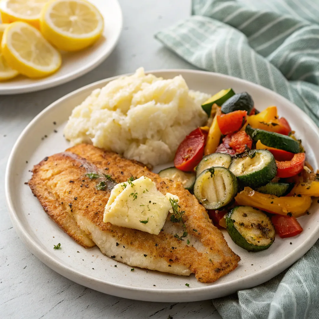 Air fryer tilapia served with roasted vegetables and mashed potatoes.