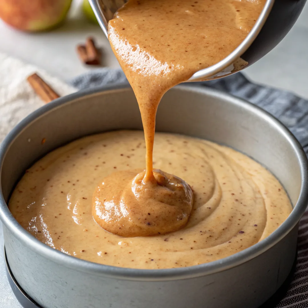 Smooth applesauce coffee cake batter being poured into a pan.