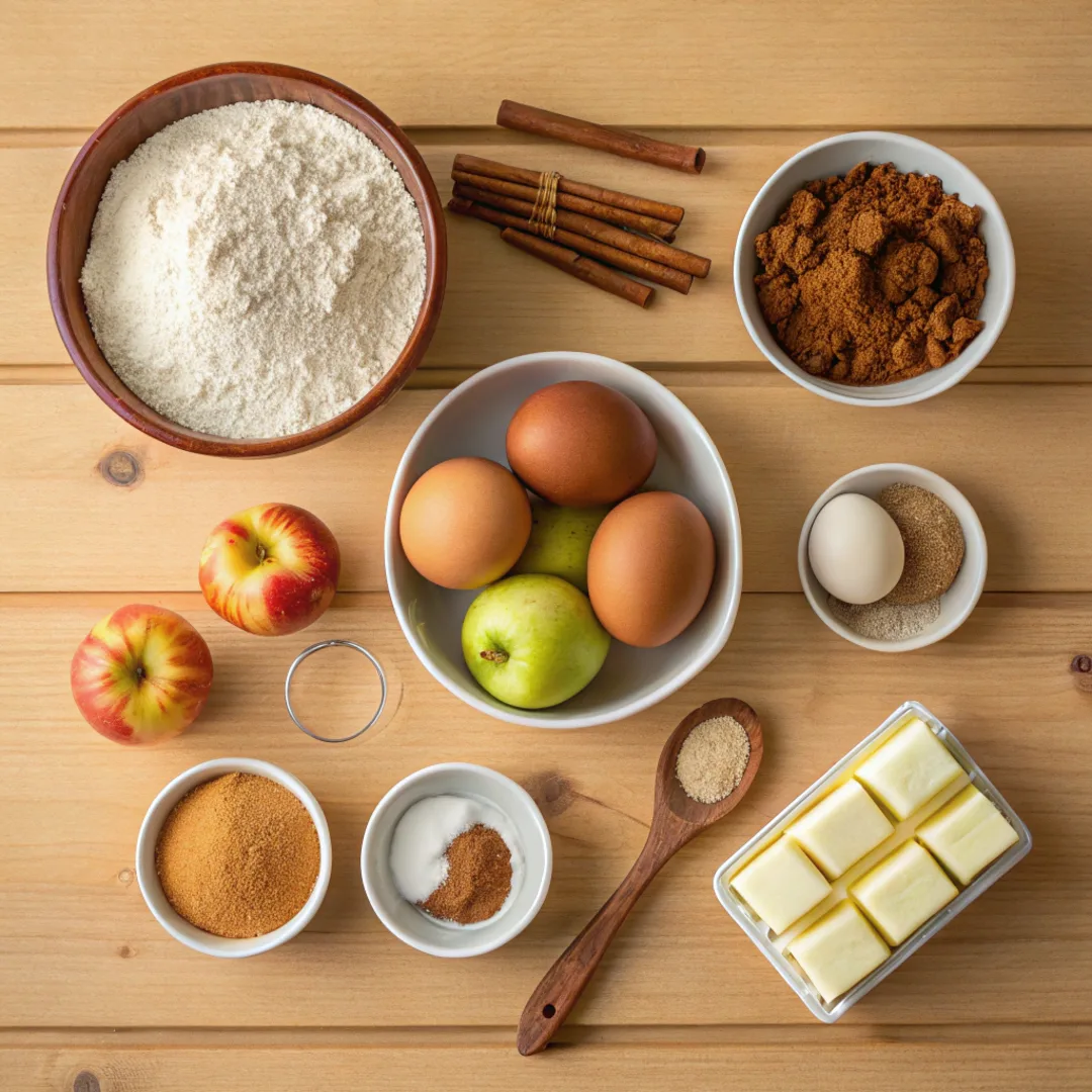 Ingredients for applesauce coffee cake including flour, applesauce, and cinnamon.