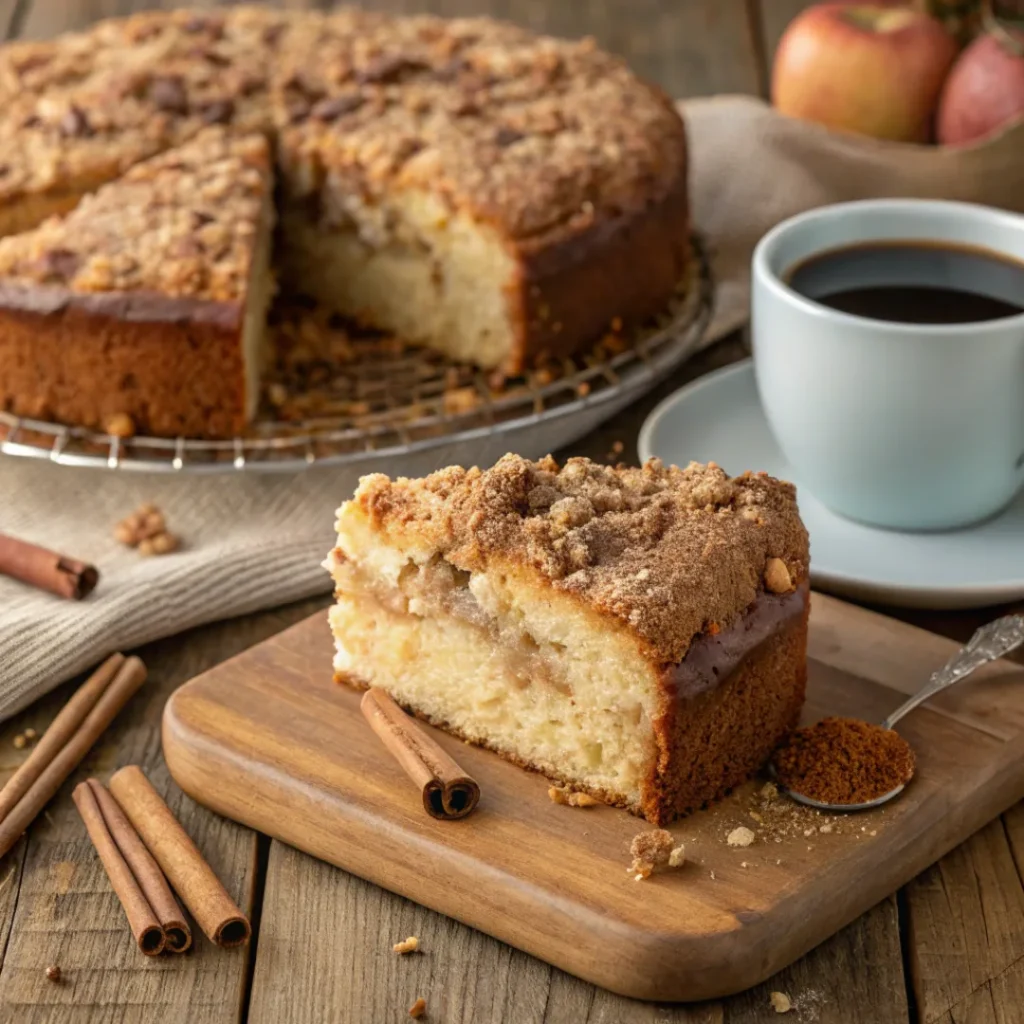 Moist applesauce coffee cake with cinnamon and streusel topping