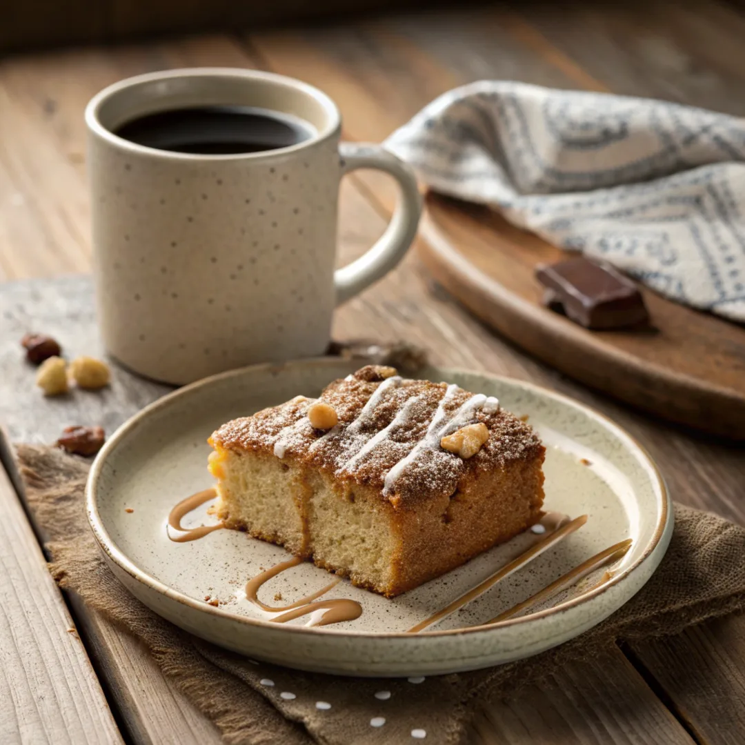 A slice of homemade applesauce coffee cake recipe dusted with powdered sugar.