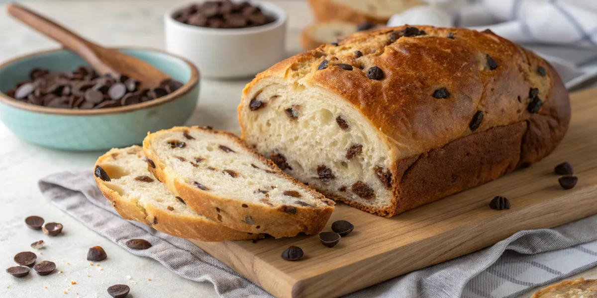 Freshly baked chocolate chip sourdough bread with crispy crust and soft crumb