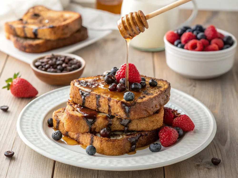 Chocolate chip sourdough French toast with honey and berries