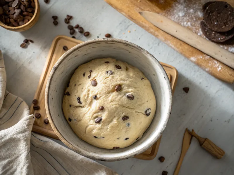 Over-proofed chocolate chip sourdough dough with collapsed structure