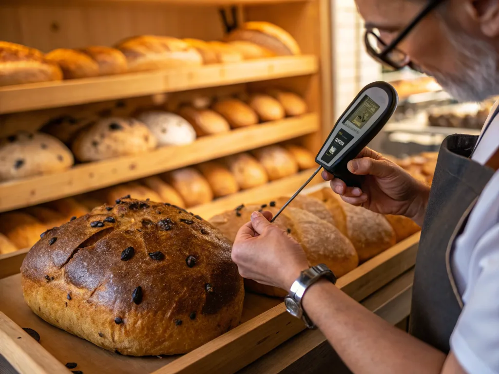 Checking the internal temperature of chocolate chip sourdough bread