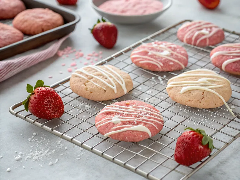 Freshly baked strawberry cake mix cookies cooling on a wire rack