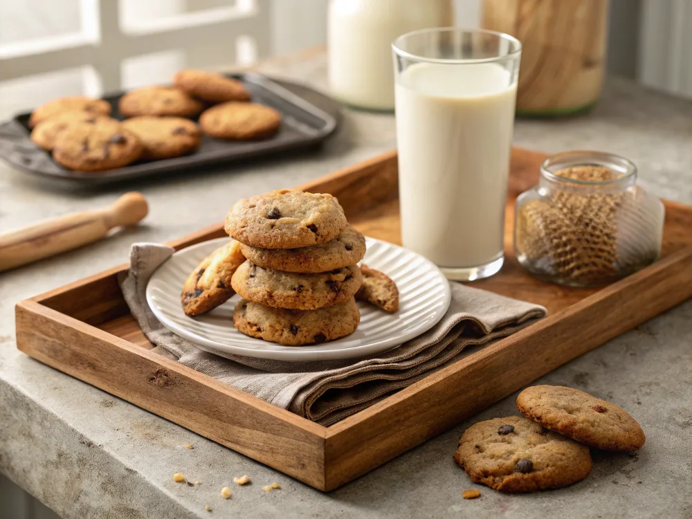 A stack of banana bread cookies served with a glass of milk.