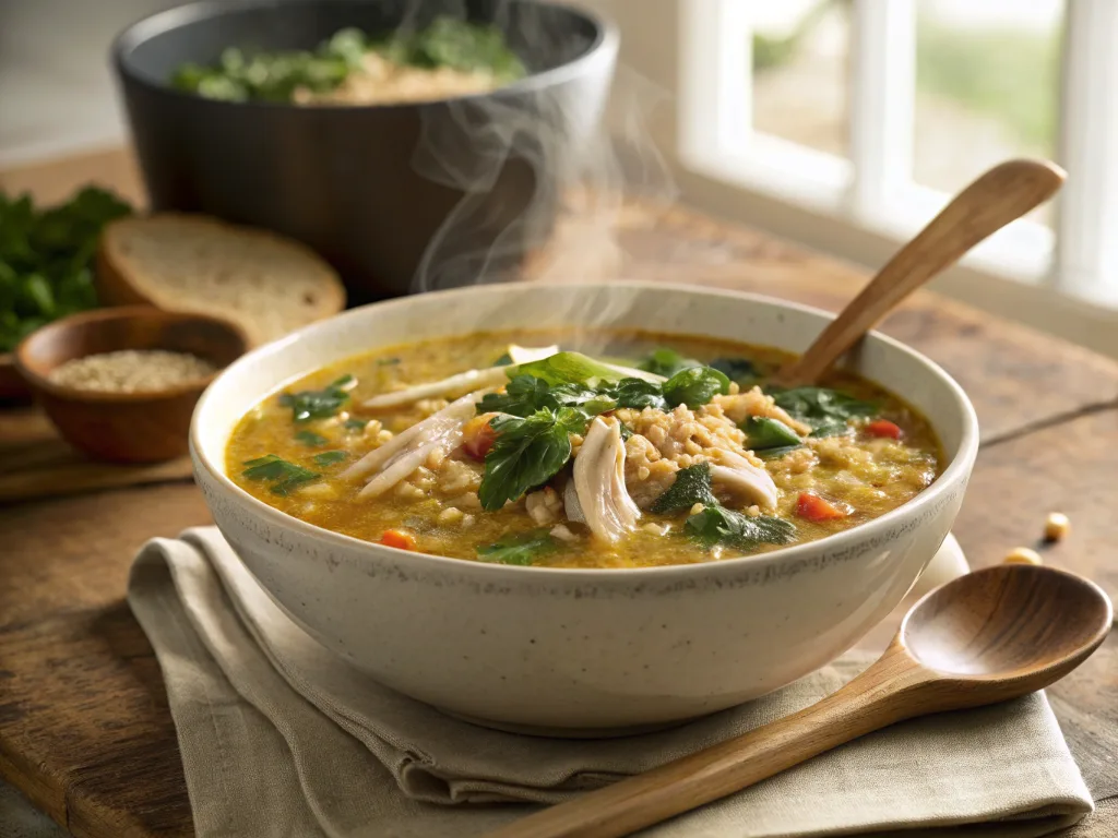 Beef and barley high-protein soup in a dark ceramic bowl